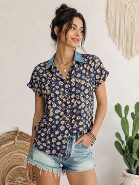 At Last Women’s Button Up Shirt Blue Floral Size S